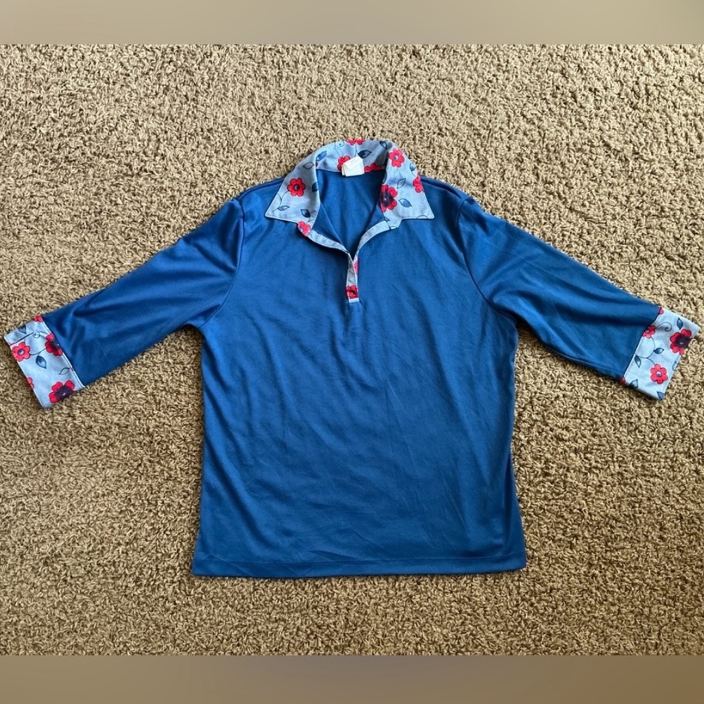 Genuine Vintage 1960’s 1970’s Royal Blue, Red Flowers V Neck Blouse, Retro, Mod
